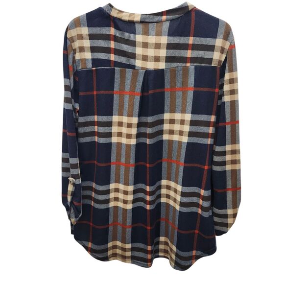 WinWin Button Sleeve Tunic Top Shirt Womens L-XL Blue Brown Plaid V-Neck Casual - Picture 3 of 9